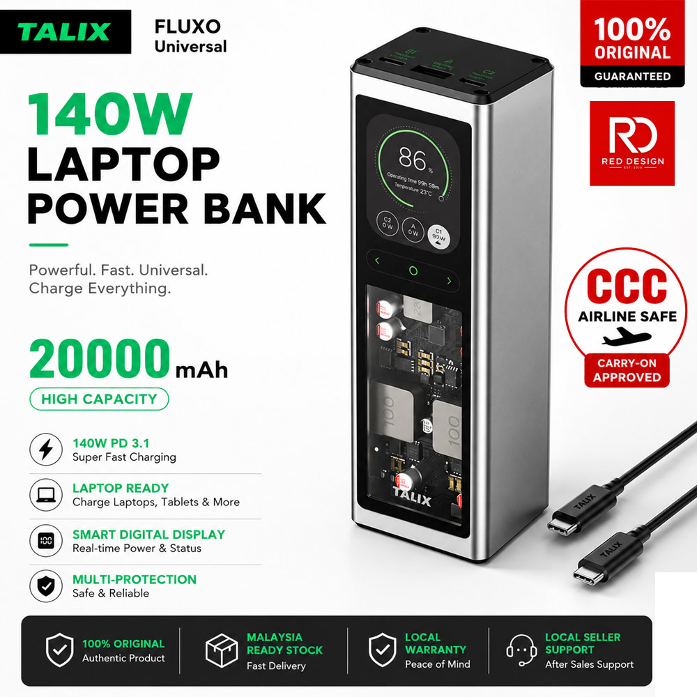TALIX FLUXO 140W PD 3.1 CCC Power Bank 20000mAh | Laptop Fast Charging Power Bank | 3-Port USB-C Portable Charger Malaysia