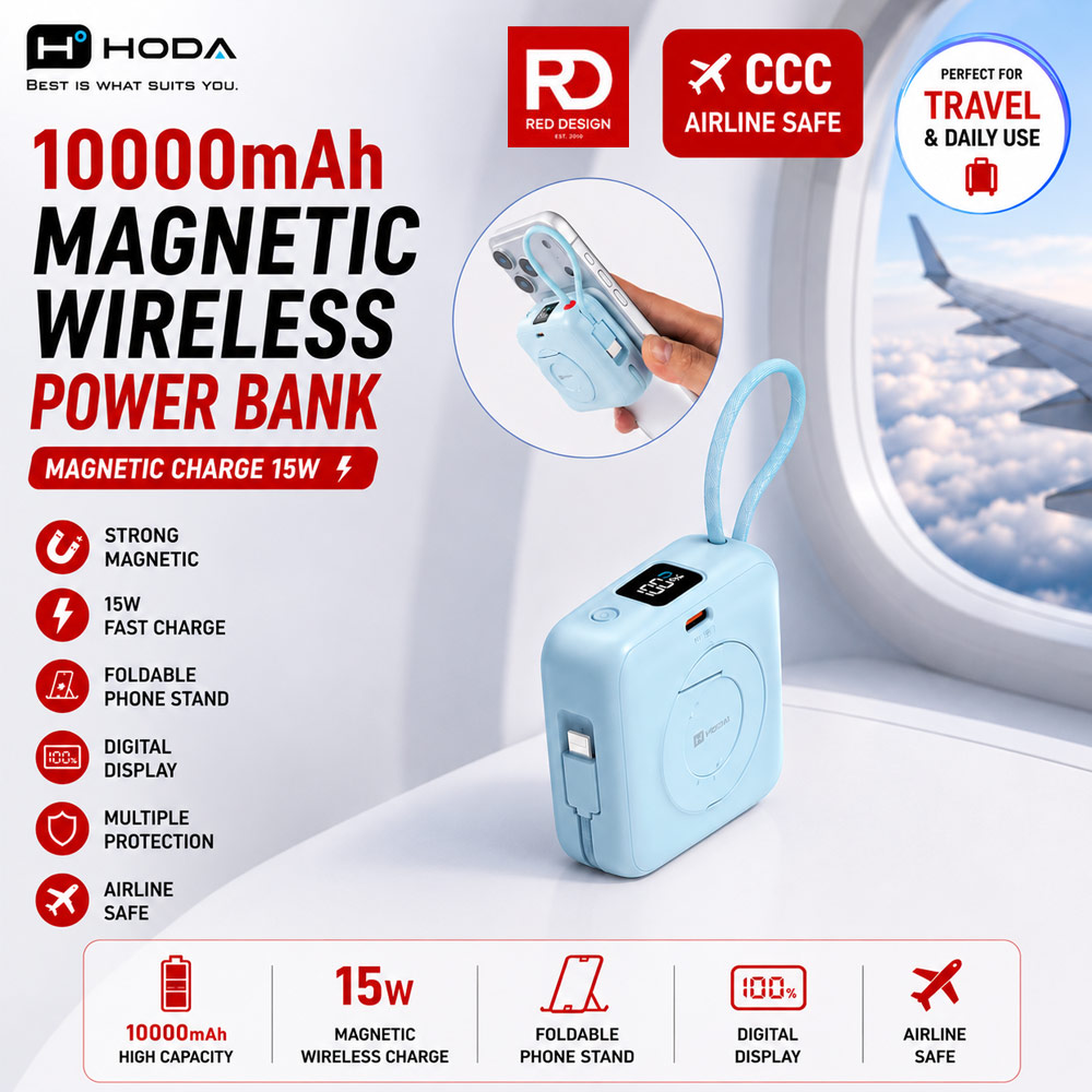Hoda 10000mAh Magnetic Wireless CCC Travel Safe Powerbank 20W Fast Charge with Type-C Built In Cable Travel Friendly and Foldable Stand (Blue)