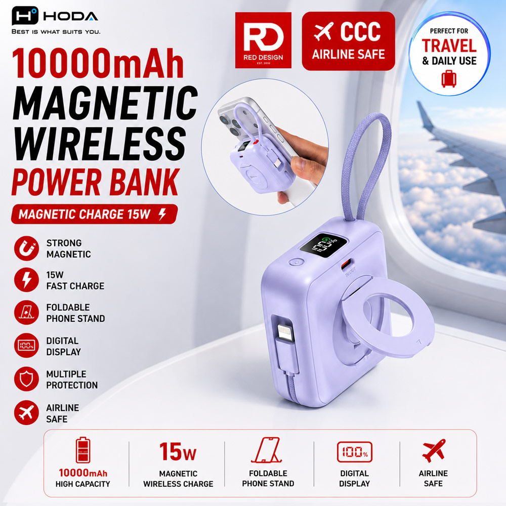 Hoda 10000mAh Magnetic Wireless CCC Travel Safe Powerbank 20W Fast Charge with Type-C Built In Cable Travel Friendly and Foldable Stand (Purple)