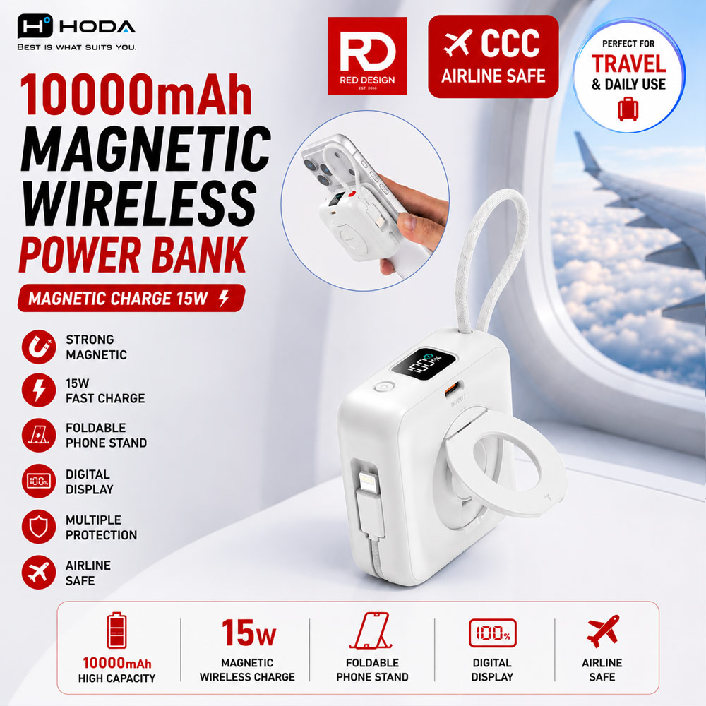 Hoda 10000mAh Magnetic Wireless CCC Travel Safe Powerbank 20W Fast Charge with Type-C Built In Cable Travel Friendly and Foldable Stand (White)