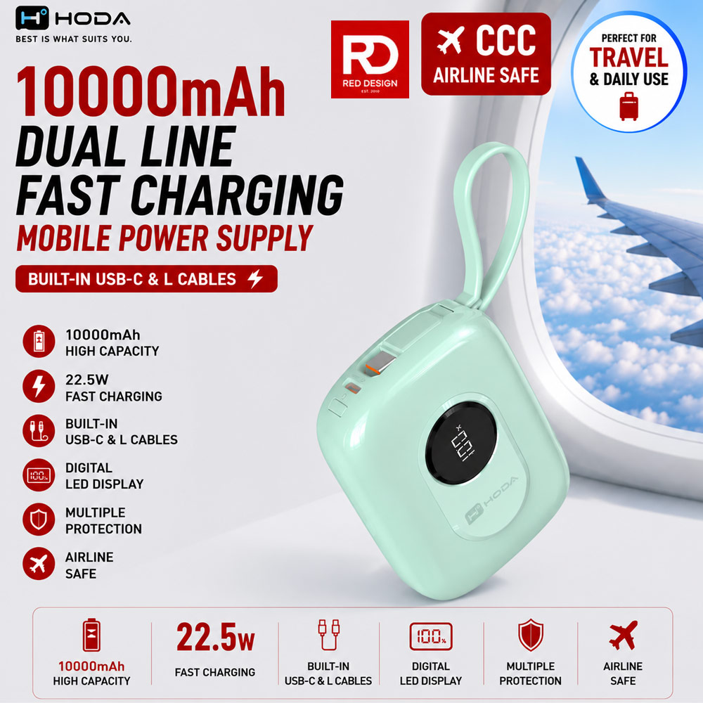 Hoda 10000mAh CCC Travel Safe Powerbank 20W Fast Charge with Type-C Built In Cable Travel Friendly (Green)