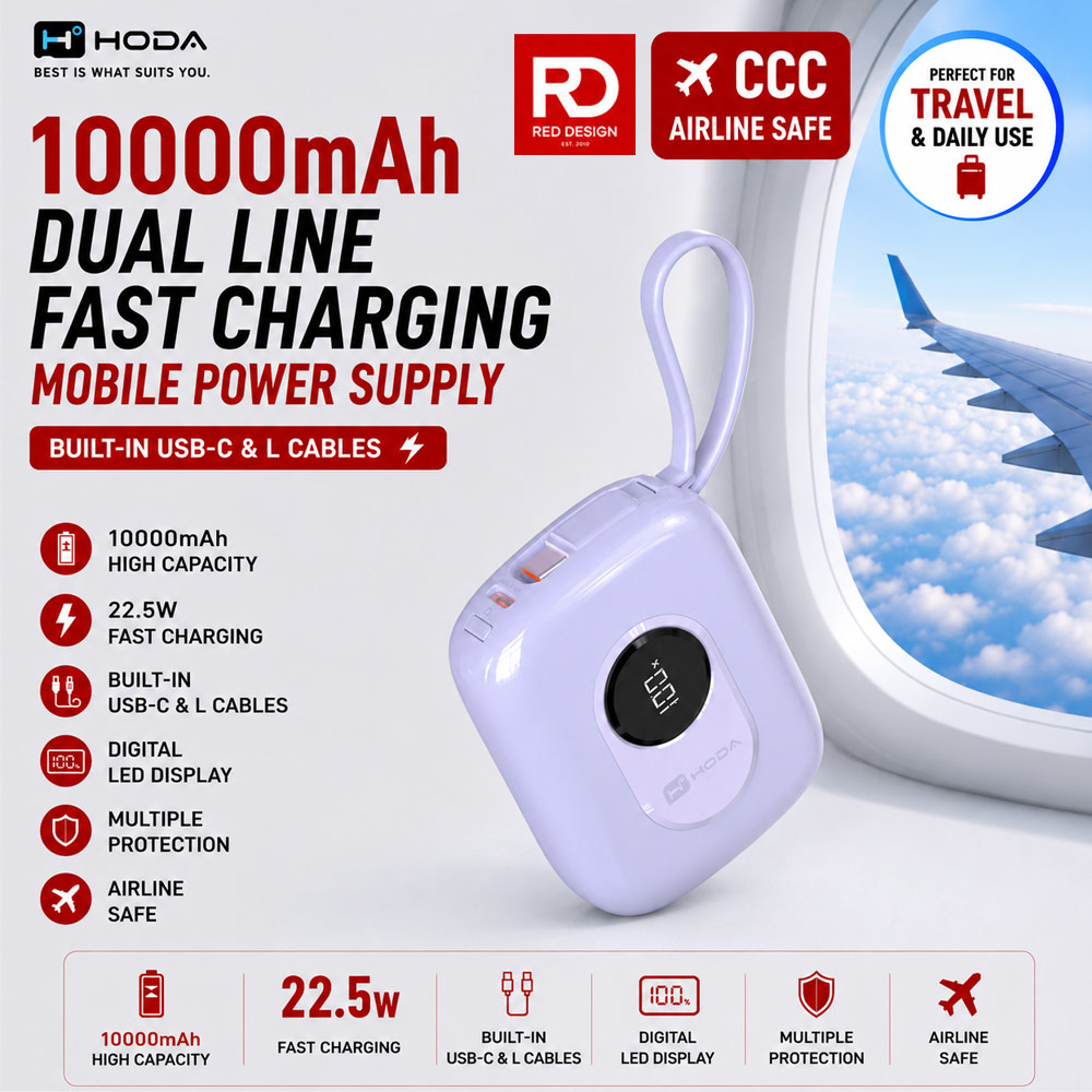 Hoda 10000mAh CCC Travel Safe Powerbank 20W Fast Charge with Type-C Built In Cable Travel Friendly (Purple)