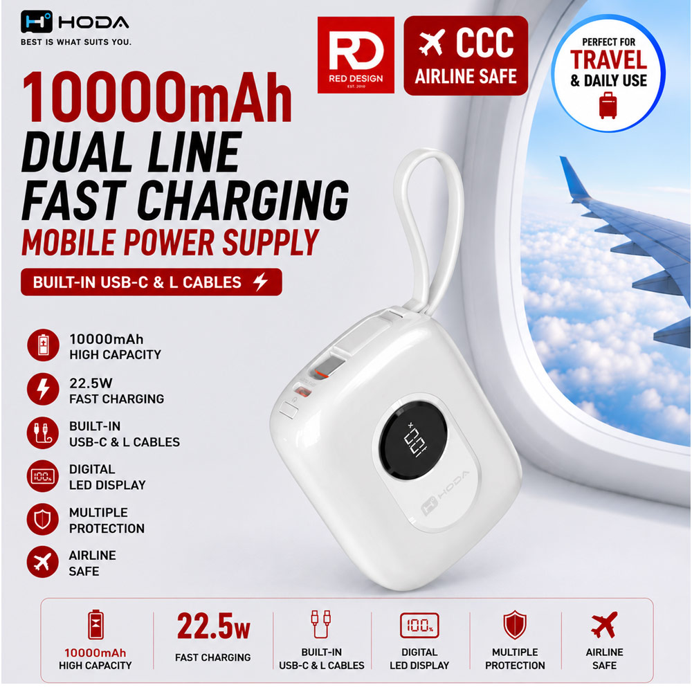 Hoda 10000mAh CCC Travel Safe Powerbank 20W Fast Charge with Type-C Built In Cable Travel Friendly (White)