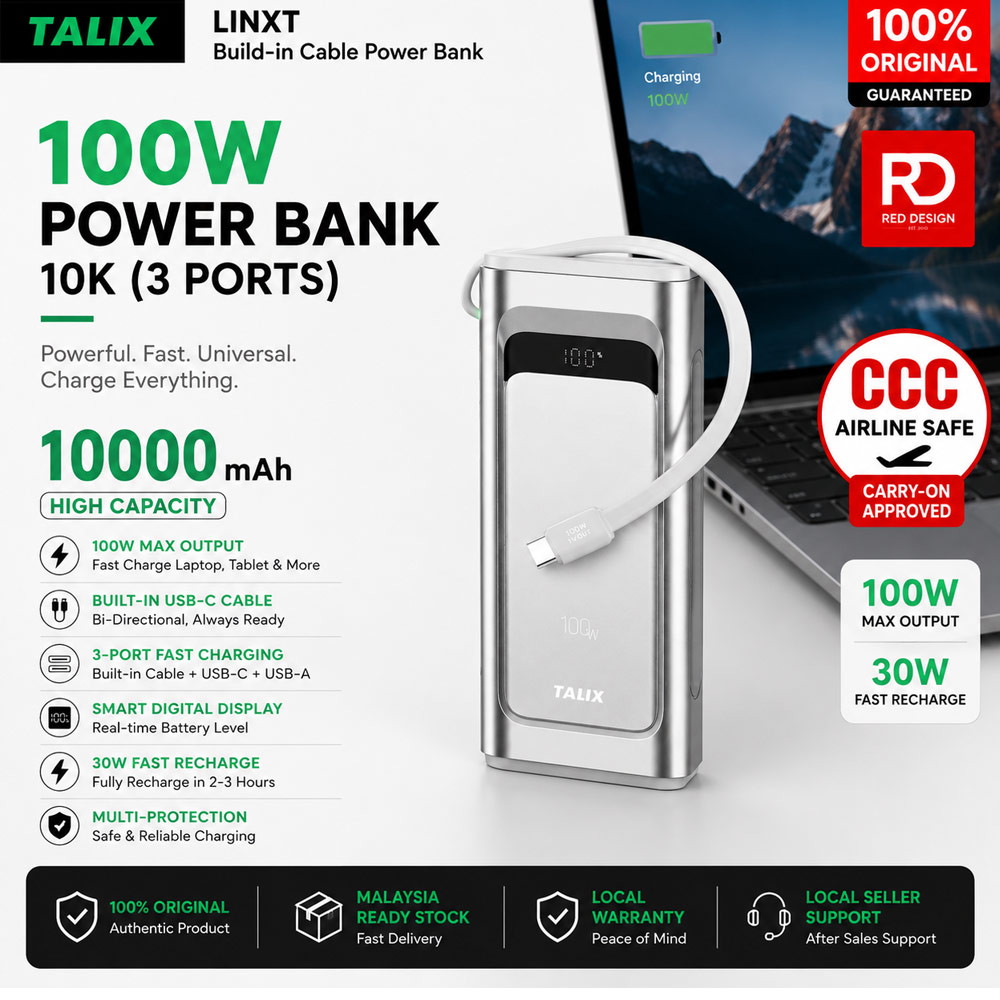 TALIX Linxt Build-in Cable Laptop CCC Travel Power Bank 100W 10000mah (3ports)