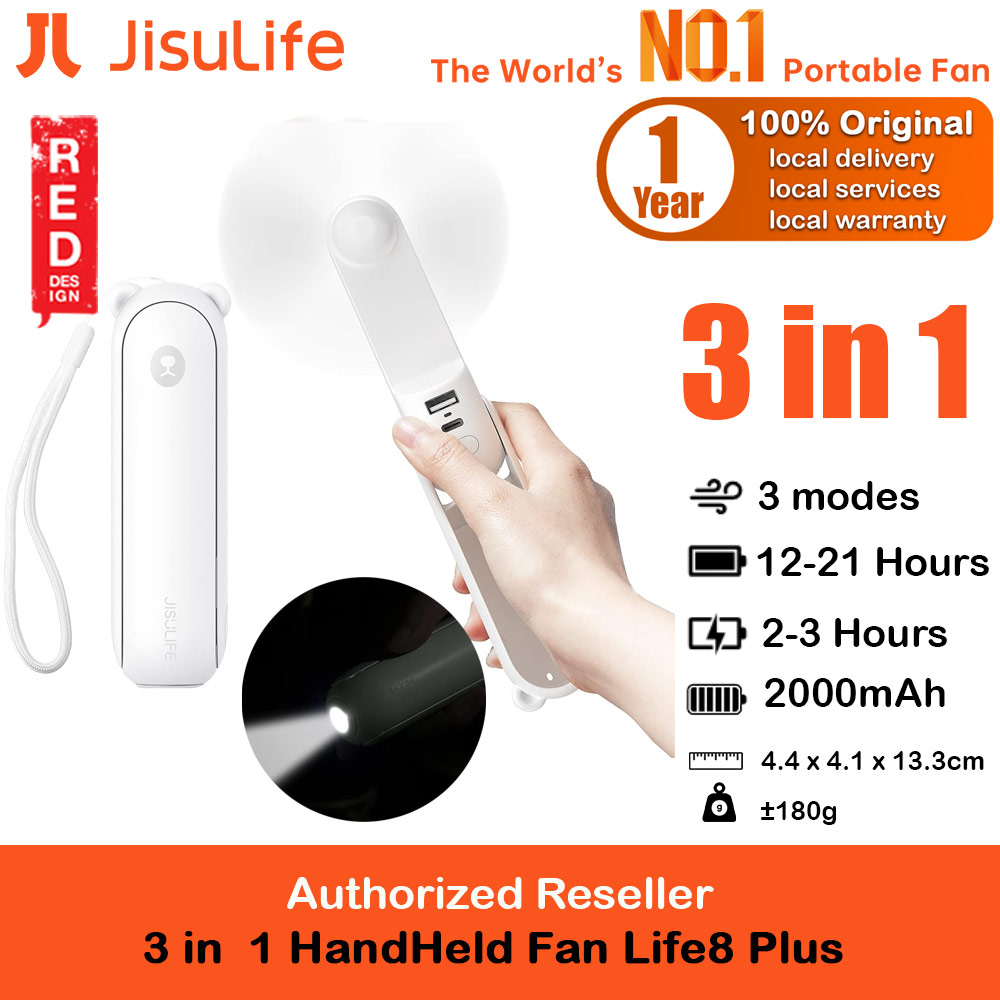 Jisulife Malaysia 3 in 1 Mini Handheld Fan USB Rechargeable Fan Power Bank with Flash Light for Office OutdoorTravel Hiking Camping Concert Indoor Court F8 (White)