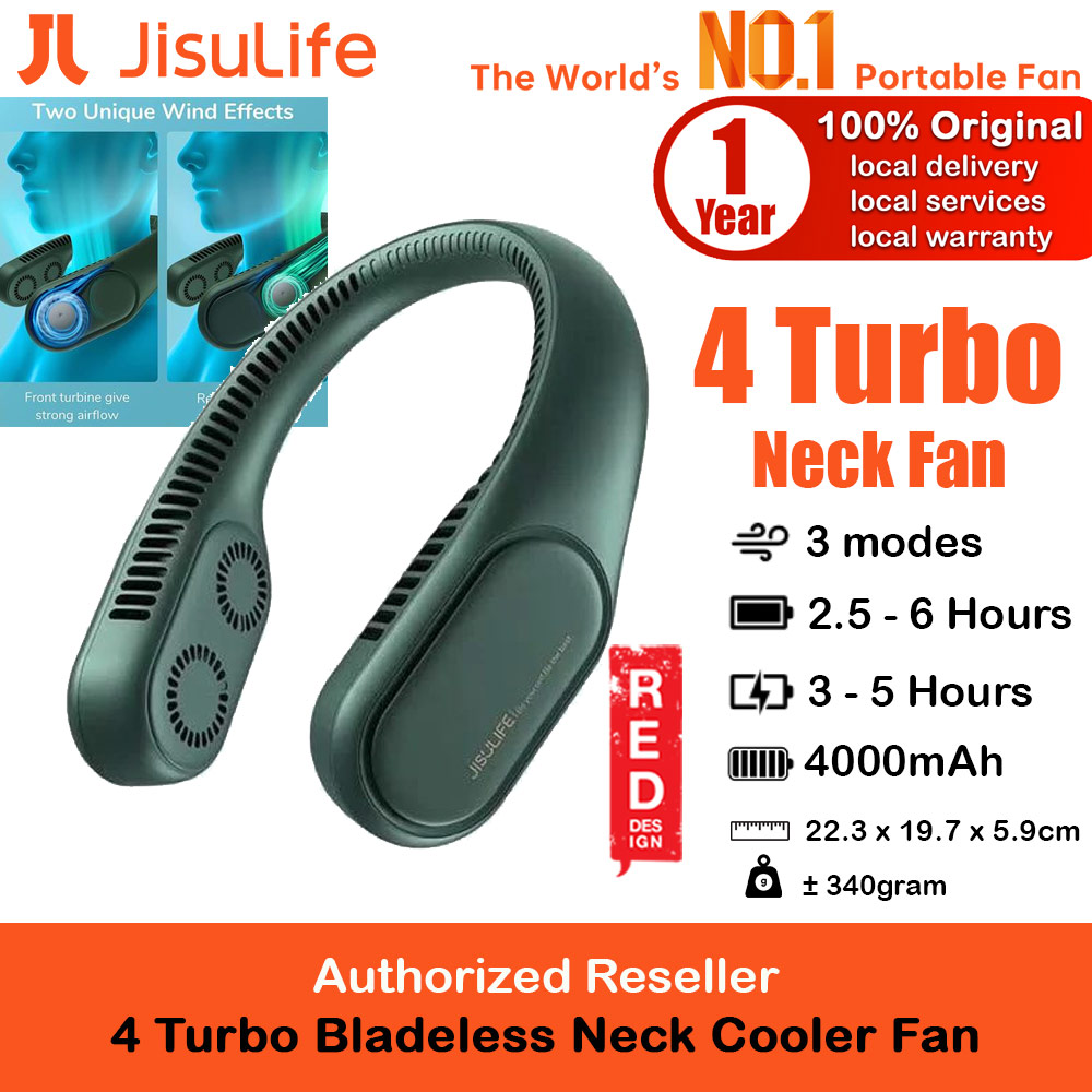JISULIFE Malaysia 4 Turbo Bladeless Neck Cooler Portable Neck Fan Hands Free Bladeless Fan 4000mAh Battery Operated Wearable Personal Fan Leafless Rechargeable Headphone Design USB Powered Desk Fan 3 Speeds for Running Badminton Indoor Court Concert Picnic Camping Outdoor Activity FA12R (Green)