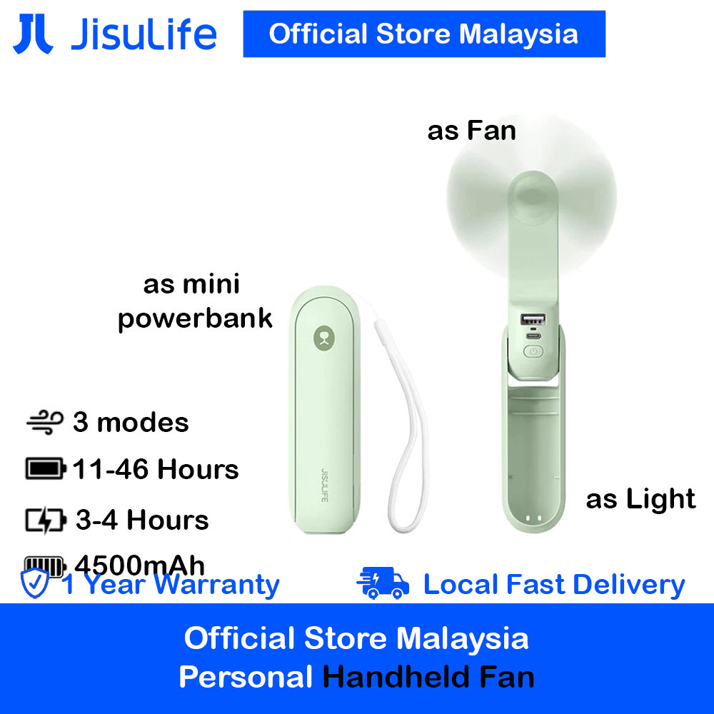 Jisulife Malaysia 3 in 1 Mini Handheld Fan USB Rechargeable Fan Power Bank with Flash Light for Office OutdoorTravel Hiking Camping Concert Indoor Court F8X (Green)