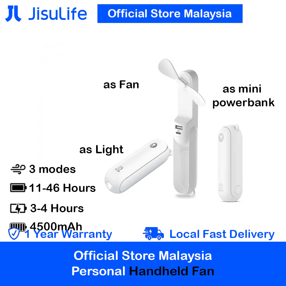Jisulife Malaysia 3 in 1 Mini Handheld Fan USB Rechargeable Fan Power Bank with Flash Light for Office OutdoorTravel Hiking Camping Concert Indoor Court F8X (White)