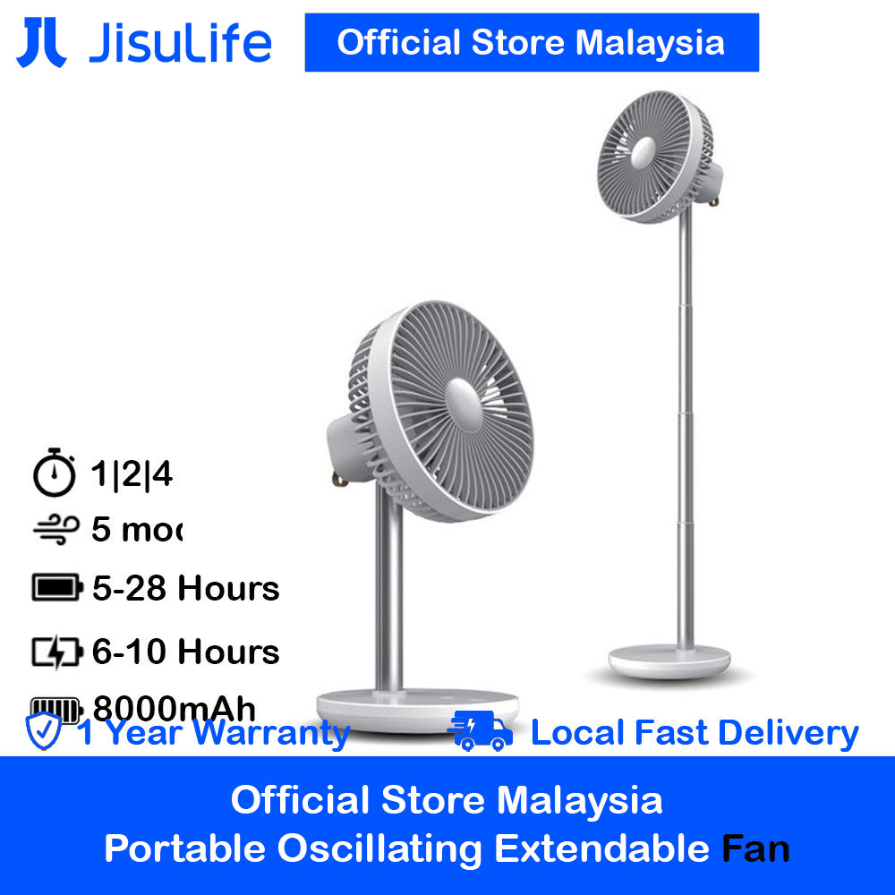 JISULIFE Malaysia Oscillating Rotation Desk Fan Portable Timer Setting Extendable Desktop Fan 8000mAh USB-C Rechargeable Electric Table Fan for Office Room Travel Outdoor Indoor Picnic FA13P (White)