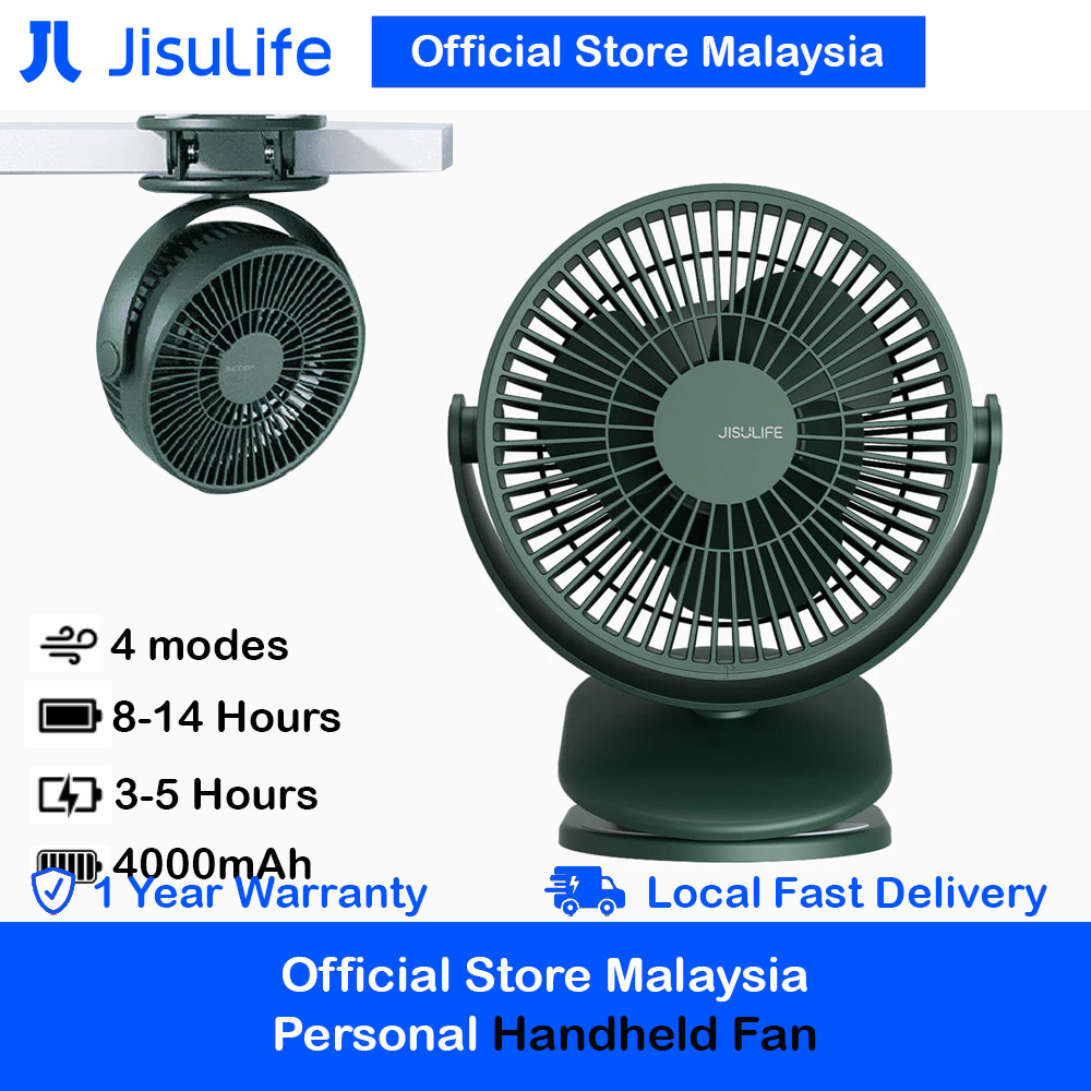 Jisulife Malaysia Child Safe Low Noise Removeable Washable 360 Rotatable 4 Speed Mode Desktop Hang Clip Fan Rechargeable 4000mAh For Home Office Outdoor Travel Portable Children Baby Stroller FA18S(Green)