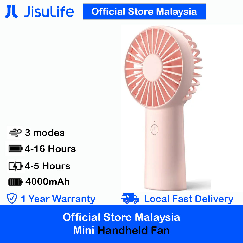 Jisulife Malaysia 3 Speed Wind Handheld Fan Portable Rechargeble 4000mAh Fan Kipas for Home Office Travel Outdoor Indoor Activity (Pink)