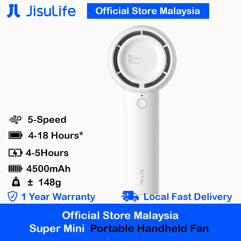 Jisulife Malaysia 5 Speed Turbo Strong Wind Portable Fast Charge Rechargeble 4500mAh Hidden Blade Handheld Mini Fan for Outdoor Indoor Badminton Court Concert Picnic Camping FA42 (White)