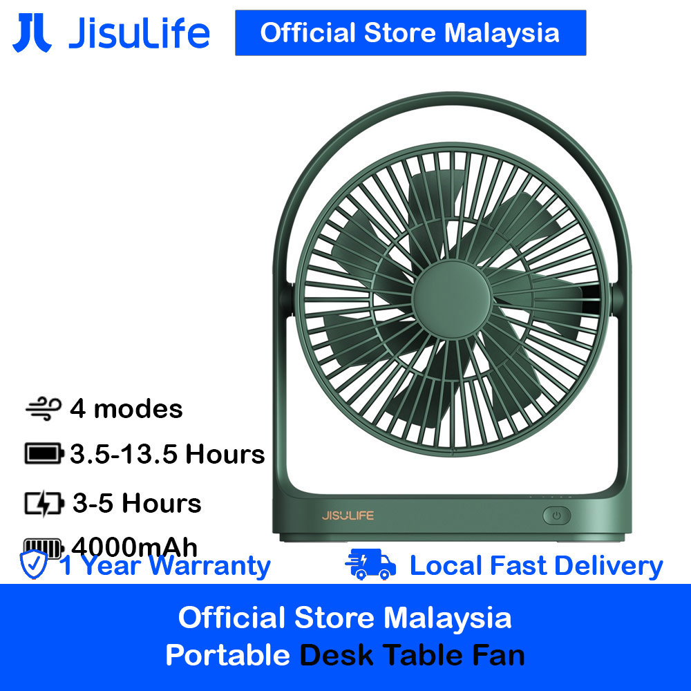 JISULIFE Malaysia Desk Fan Small Portable Desktop Fan Strong Airflow Ultra Quiet 4000mAh USB Rechargeable Electric Table Fan for Office Room Travel Outdoor Indoor Picnic Camping (Green)