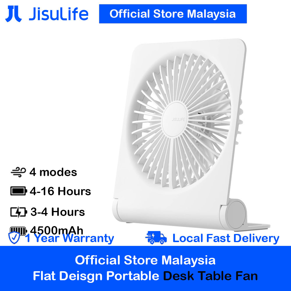 Jisulife Malaysia Ultra Slim Table Fan Lite Strong Air Flow 4 Speed Wind Portable Rechargeable 4500mAh Desktop Fan For Home Office Outdoor Travel (White)