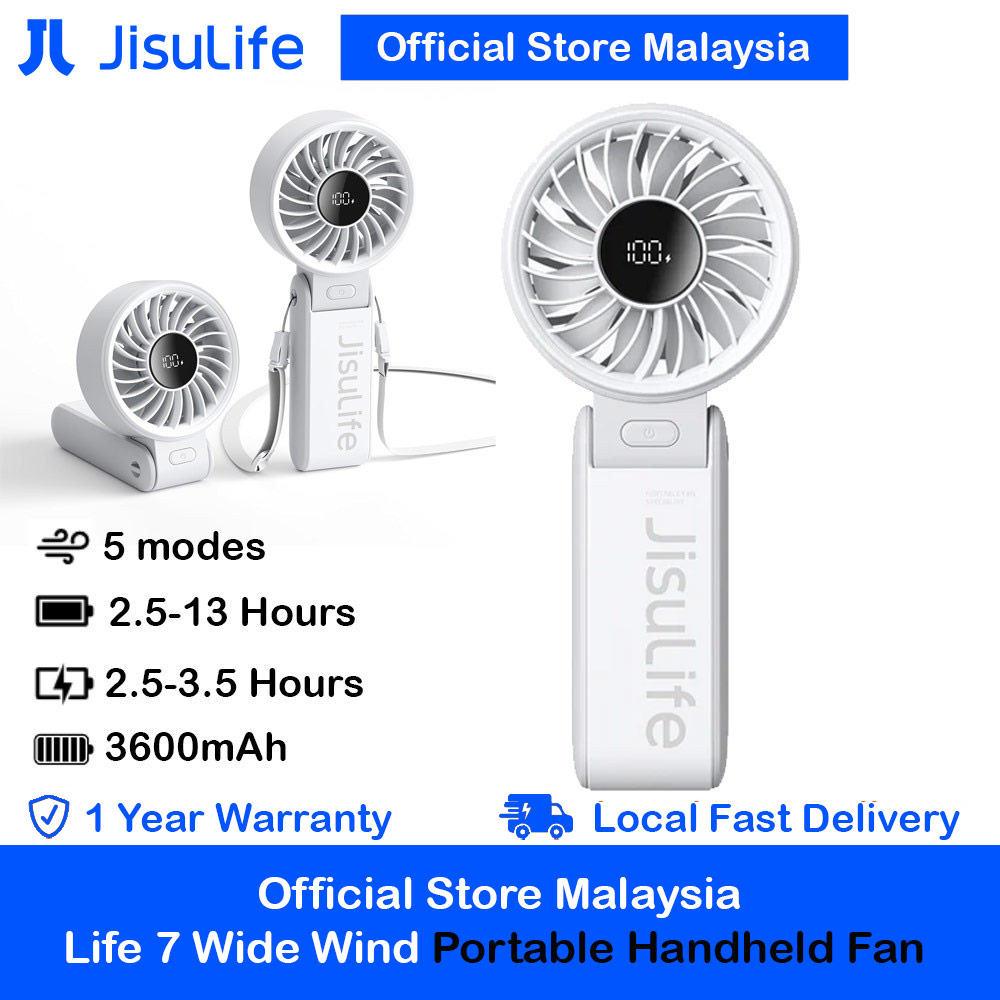 Jisulife Malaysia 3 in 1 Handheld Fan Life7 Powerful Portable Fan with LED Display Foldable as Desk Fan Hangable as Neck Fan (3600mAh Light Grey)