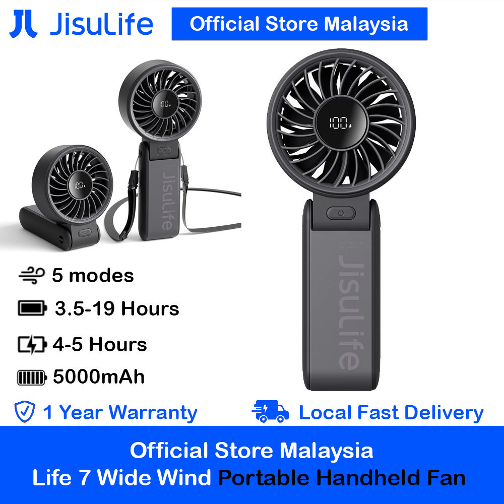 Jisulife Malaysia 3 in 1 Handheld Fan Life7 Powerful Portable Fan with LED Display Foldable as Desk Fan Hangable as Neck Fan (5000mAh Black)