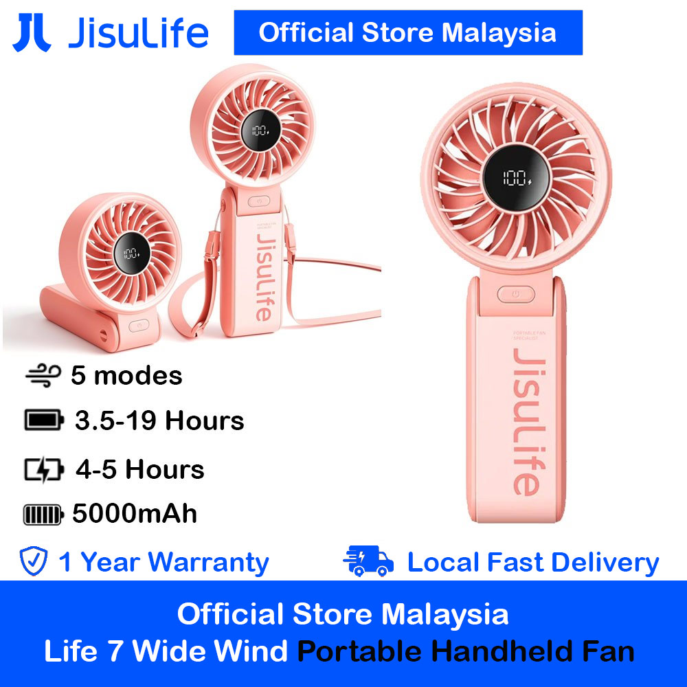 Jisulife Malaysia 3 in 1 Handheld Fan Life7 Powerful Portable Fan with LED Display Foldable as Desk Fan Hangable as Neck Fan (5000mAh Pink)