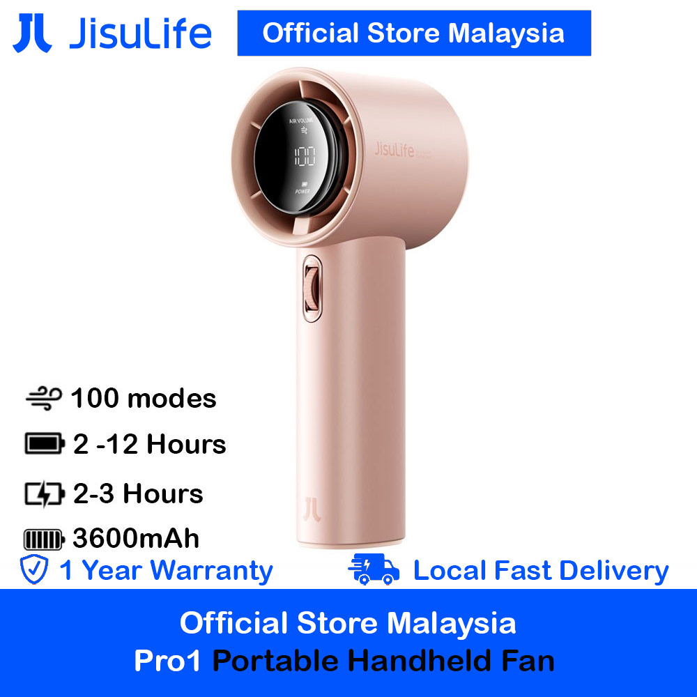 Jisulife Malaysia Super Power 100 Speed Turbo Strong Wind Portable Fast Charge Rechargeable 3600mAh Hidden Blade High Quality Handheld Mini Fan for Outdoor Indoor Badminton Court Concert Picnic Camping FA53ABS (Pink)
