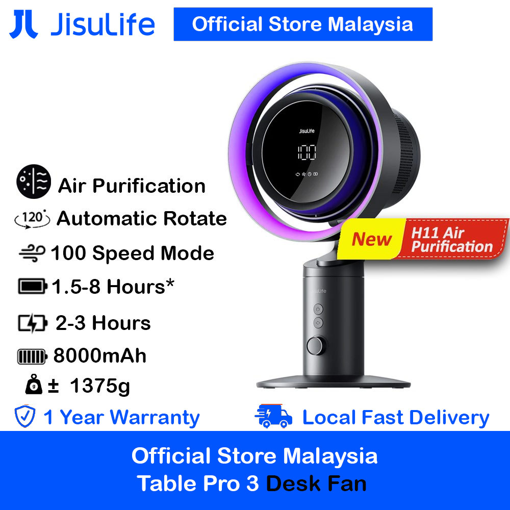 JISULIFE Malaysia 100 Speed Table Desk Bladeless Blade Less Fan Ultra Pro Portable Desktop Oscillating Fan Strong Airflow with Air Purifier Rechargeable Table Fan for Office Room Travel Outdoor Indoor Picnic Camping Jisulife Table Pro 3