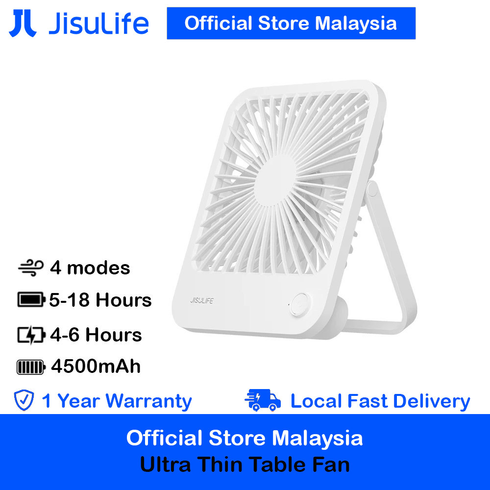 JISULIFE Malaysia Table Desk Fan Ultra Slim Portable Desktop Fan Strong Airflow Ultra Quiet 4500mAh USB Rechargeable Electric Table Fan for Office Room Travel Outdoor Indoor Picnic Camping (White)