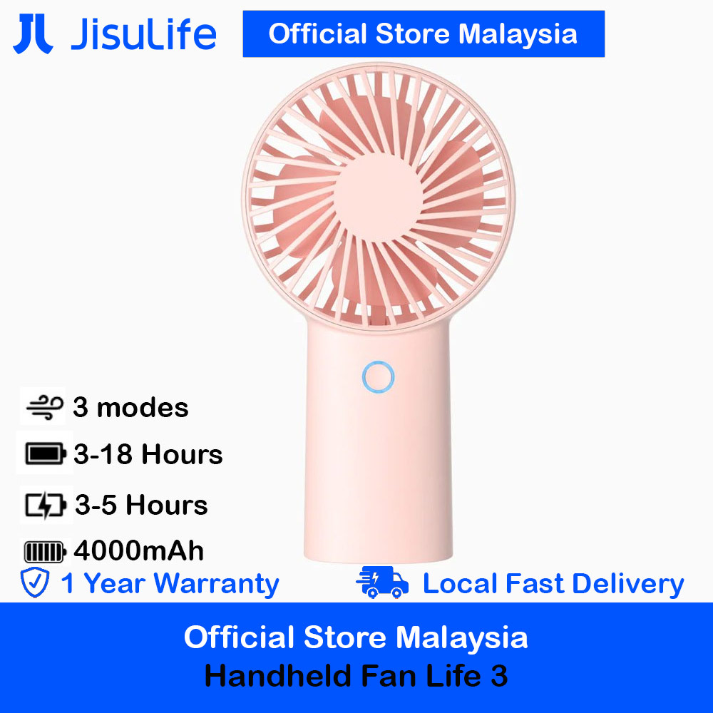 Jisulife Malaysia 3 Speed Wind Portable Rechargeble 4000mAh Handheld Fan for Outdoor Badminton Court Concert Picnic Camping (Pink)