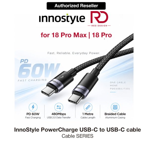 Innostyle PowerCharge 60W Fast Charging Data Cable USB-C to USB-C 100cm (Black)