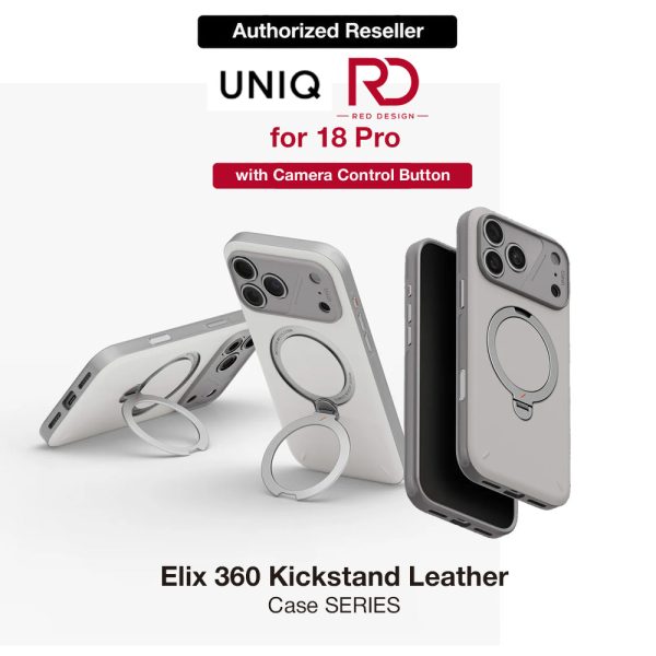Uniq Elix 360 Kickstand Leather Drop Protection Magnetic Case with Camera Control Button for iPhone 18 Pro - Cloud Stone