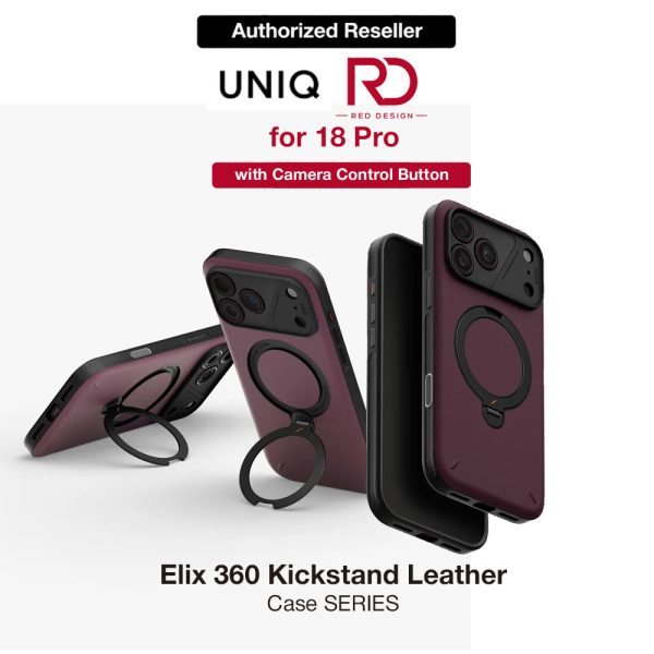 Uniq Elix 360 Kickstand Leather Drop Protection Magnetic Case with Camera Control Button for iPhone 18 Pro - Deep Maroon