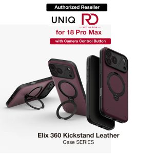 Uniq Elix 360 Kickstand Leather Drop Protection Magnetic Case with Camera Control Button for iPhone 18 Pro Max - Deep Maroon