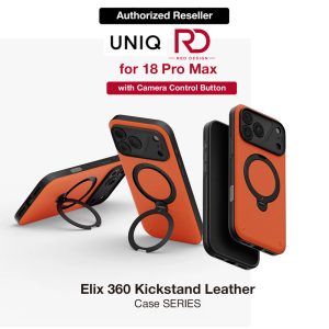 Uniq Elix 360 Kickstand Leather Drop Protection Magnetic Case with Camera Control Button for iPhone 18 Pro Max - Volt Orange