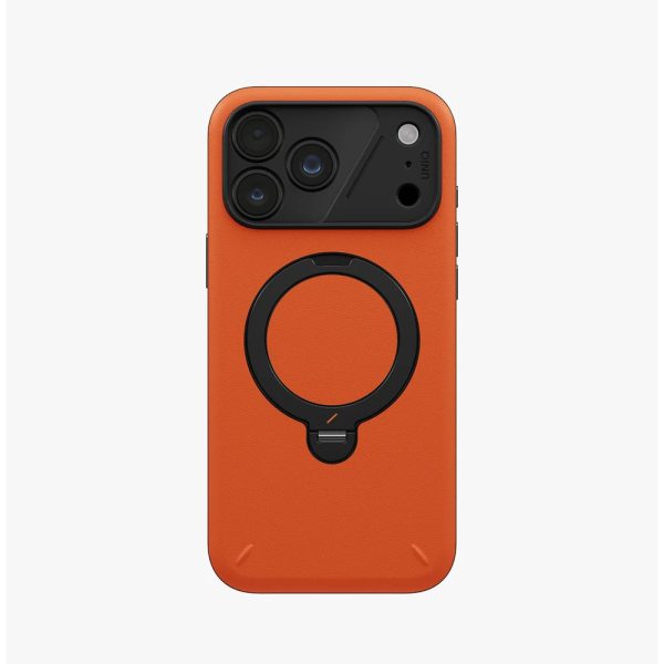 Uniq Elix 360 Kickstand Leather Drop Protection Magnetic Case with Camera Control Button for iPhone 18 Pro Max - Volt Orange